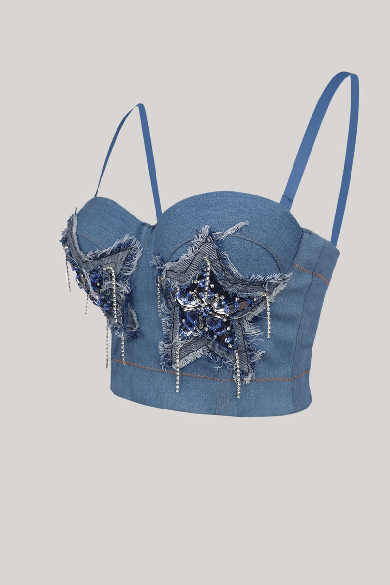 Load image into Gallery viewer, Sparkly Blue Jeans Corset Top With Stars