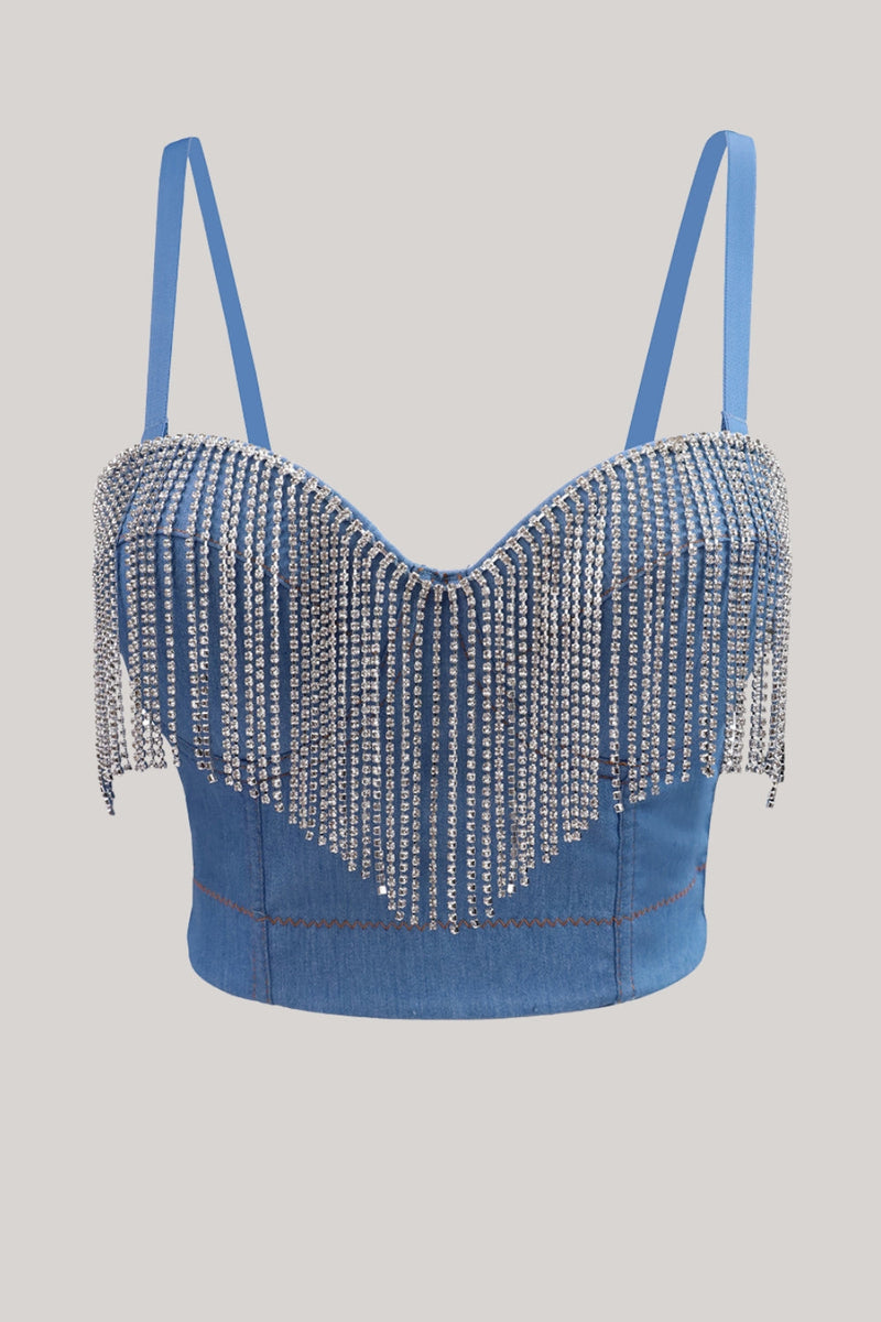 Load image into Gallery viewer, Blue Rhinestone Fringe Denim Crop Top