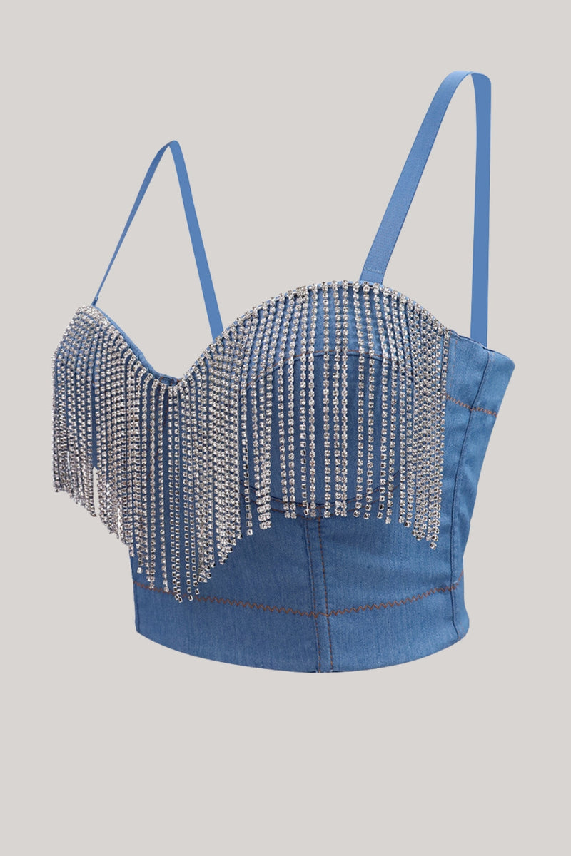 Load image into Gallery viewer, Blue Rhinestone Fringe Denim Crop Top