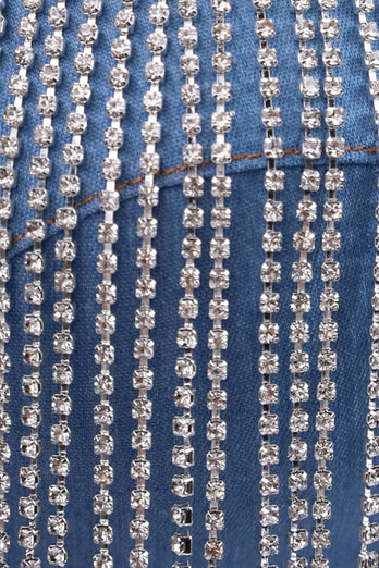 Blue Rhinestone Fringe Denim Crop Top