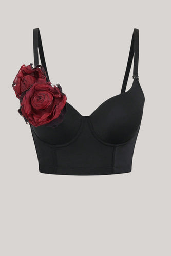 Elegant Black Crop Top with Red Flower