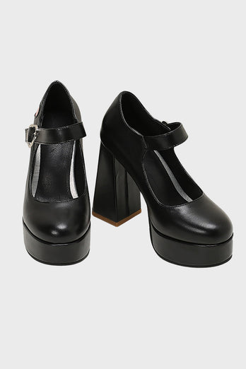 Black PU Leather Platform Block Heel Mary Jean Shoes