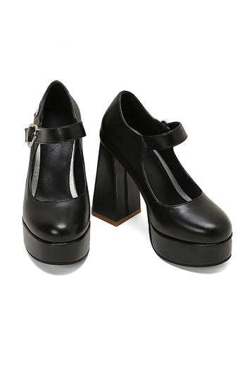 Black PU Leather Platform Block Heel Mary Jean Shoes