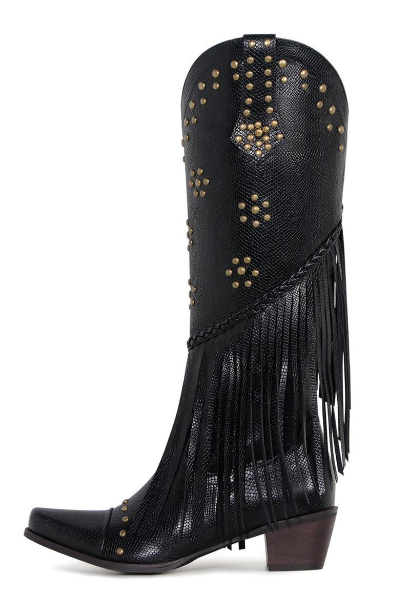 Load image into Gallery viewer, Women&#39;s Black Beaded Fringes Pointed Toe Chunky Hell Boots