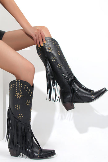 Women's Black Beaded Fringes Pointed Toe Chunky Hell Boots