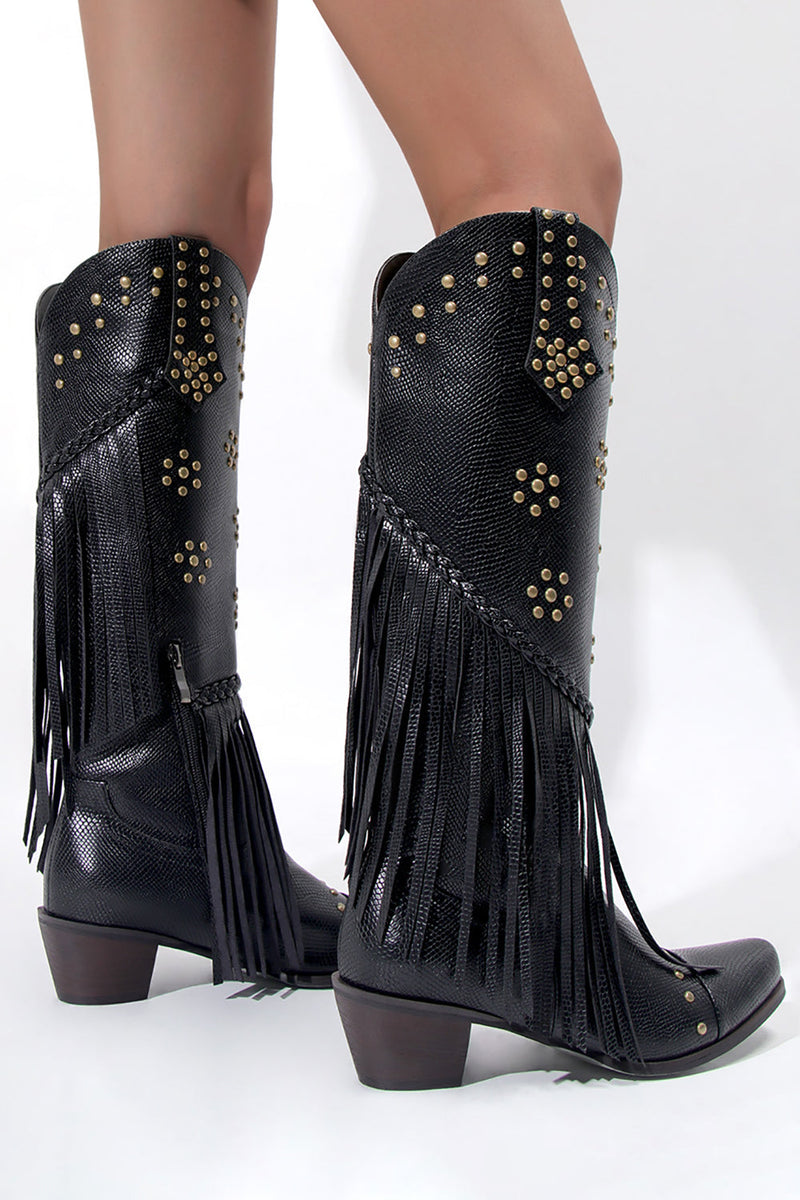 Load image into Gallery viewer, Women&#39;s Black Beaded Fringes Pointed Toe Chunky Hell Boots