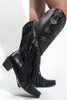 Load image into Gallery viewer, Women&#39;s Black Beaded Fringes Pointed Toe Chunky Hell Boots