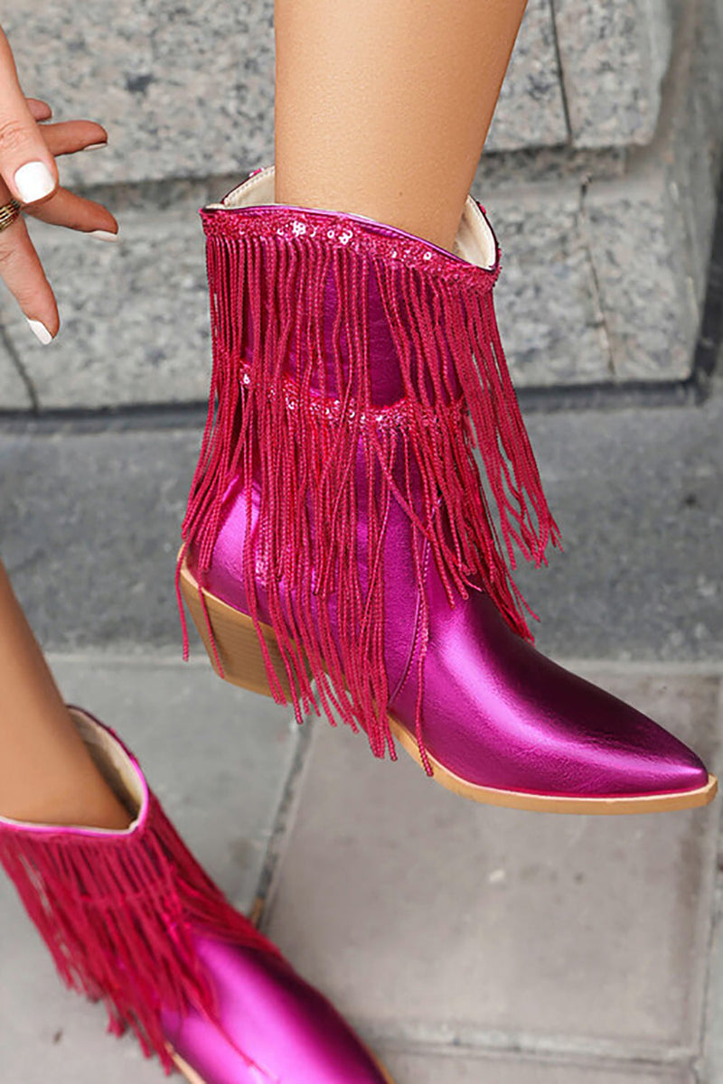 Load image into Gallery viewer, Women&#39;s Blue Fringe Metallic Pointed Toe Fashion Boots