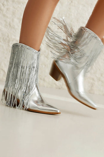 Women's Blue Fringe Metallic Pointed Toe Fashion Boots