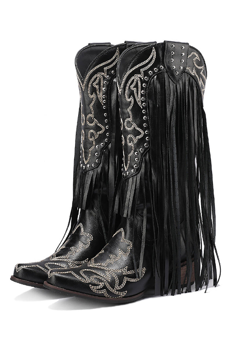 Load image into Gallery viewer, Women&#39;s Black Embroidery Tassel Leather Boots