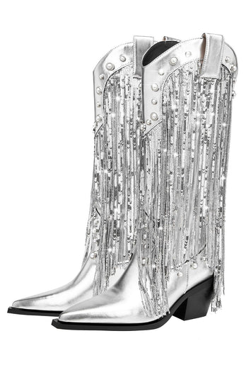 Glitter Silver Metallic Tassel Pointed Toe Cowgirl Boots with Sequins