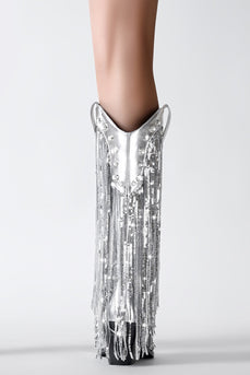 Glitter Silver Metallic Tassel Pointed Toe Cowgirl Boots with Sequins