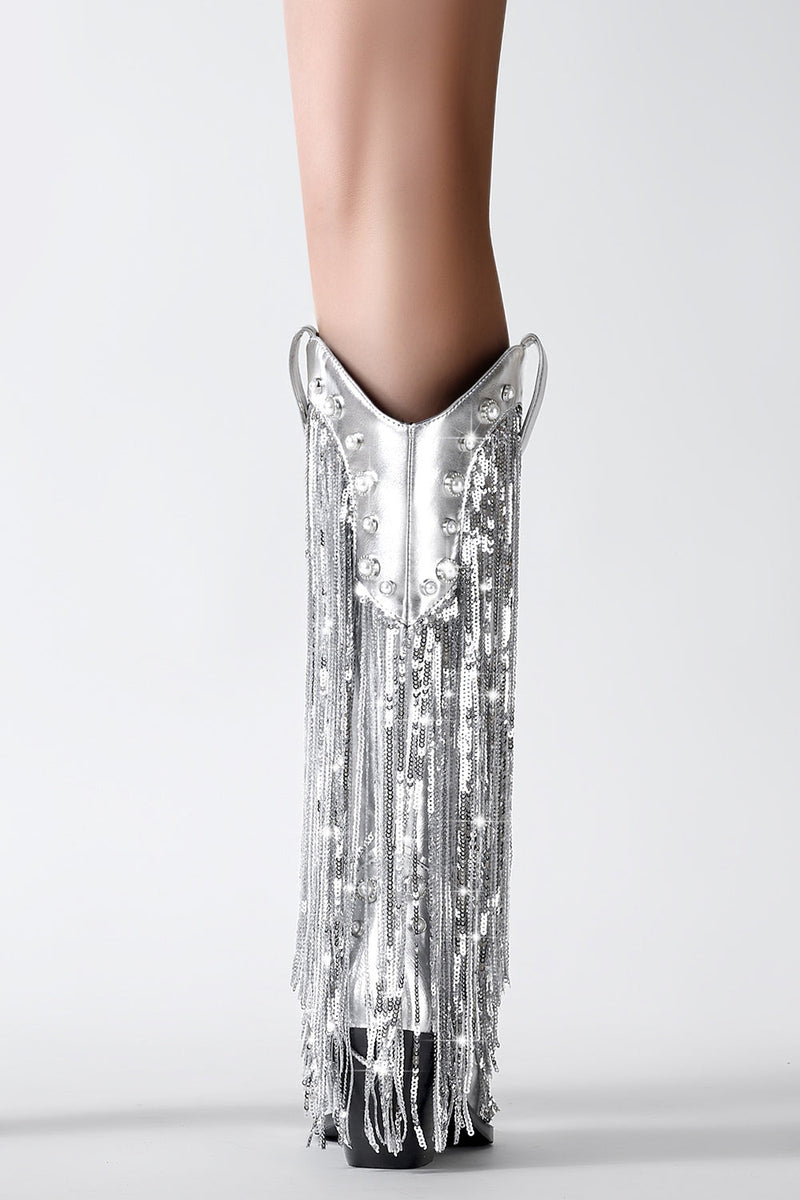 Load image into Gallery viewer, Glitter Silver Metallic Tassel Pointed Toe Cowgirl Boots with Sequins