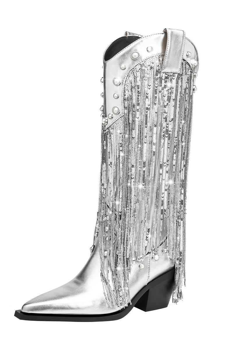 Load image into Gallery viewer, Glitter Silver Metallic Tassel Pointed Toe Cowgirl Boots with Sequins