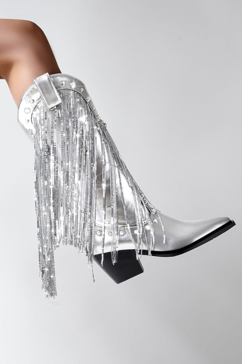 Load image into Gallery viewer, Glitter Silver Metallic Tassel Pointed Toe Cowgirl Boots with Sequins