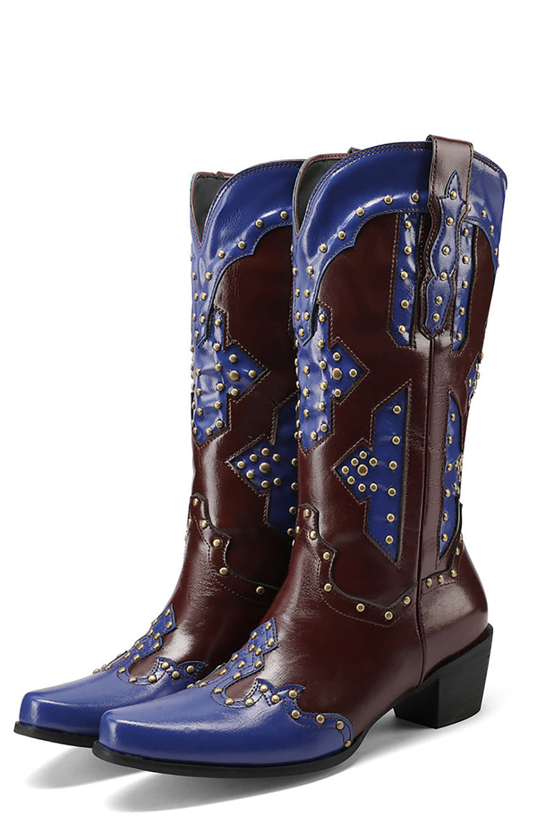 Load image into Gallery viewer, Women&#39;s Embroidered Blue Pointed Toe Calf High Cowgirl Boots