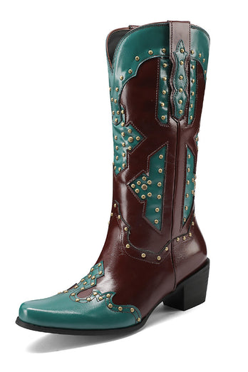 Women's Embroidered Blue Pointed Toe Calf High Cowgirl Boots