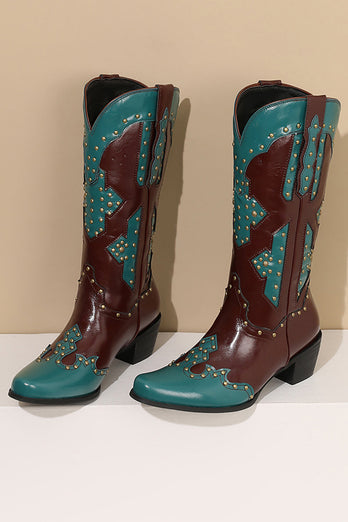 Women's Embroidered Blue Pointed Toe Calf High Cowgirl Boots