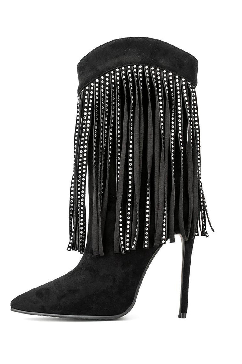 Load image into Gallery viewer, Black Suede Rhinestone Fringed Stiletto Heels Ankle Boots