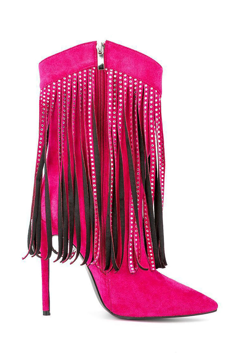 Load image into Gallery viewer, Black Suede Rhinestone Fringed Stiletto Heels Ankle Boots