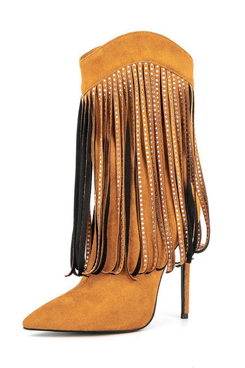 Black Suede Rhinestone Fringed Stiletto Heels Ankle Boots