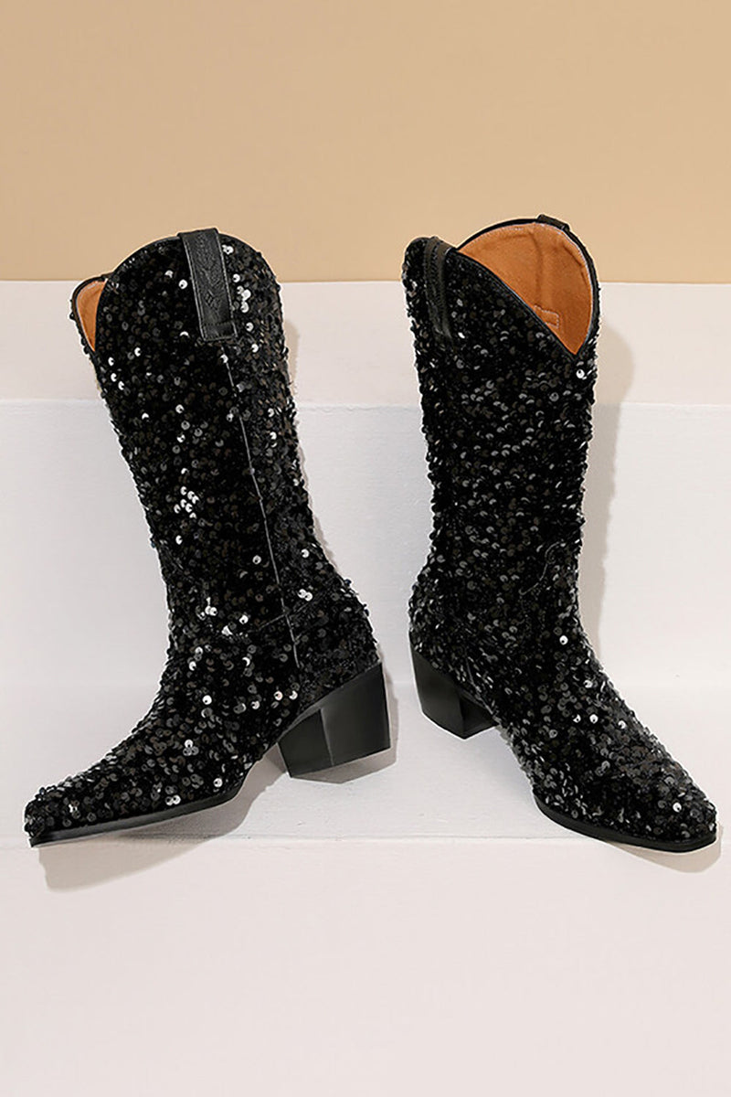 Load image into Gallery viewer, Glitter Black Mid Calf Sequins Snip Toe Chunky Heeled Boots