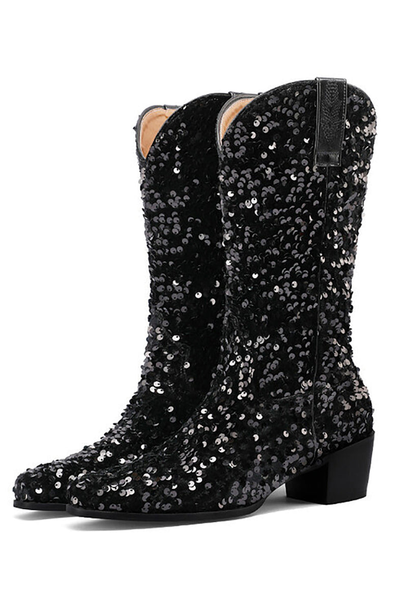 Load image into Gallery viewer, Glitter Black Mid Calf Sequins Snip Toe Chunky Heeled Boots