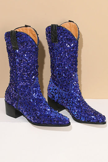 Glitter Black Mid Calf Sequins Snip Toe Chunky Heeled Boots