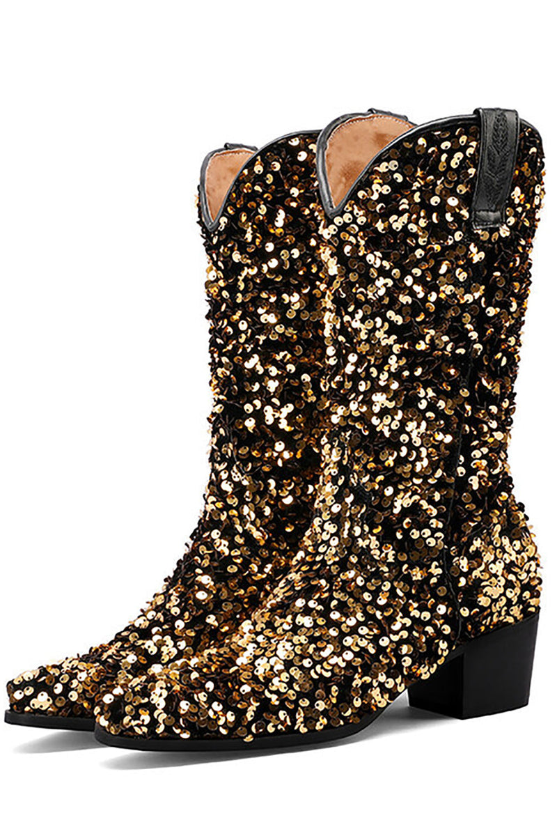 Load image into Gallery viewer, Glitter Black Mid Calf Sequins Snip Toe Chunky Heeled Boots