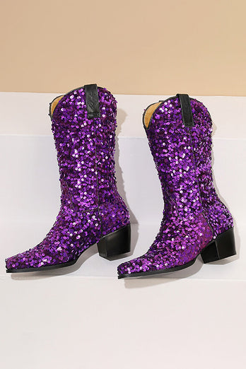 Glitter Black Mid Calf Sequins Snip Toe Chunky Heeled Boots