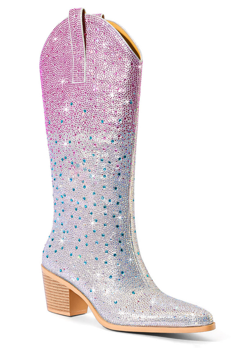 Load image into Gallery viewer, Sparkly Silver Rhinestone Knee High Cowgirl Boots