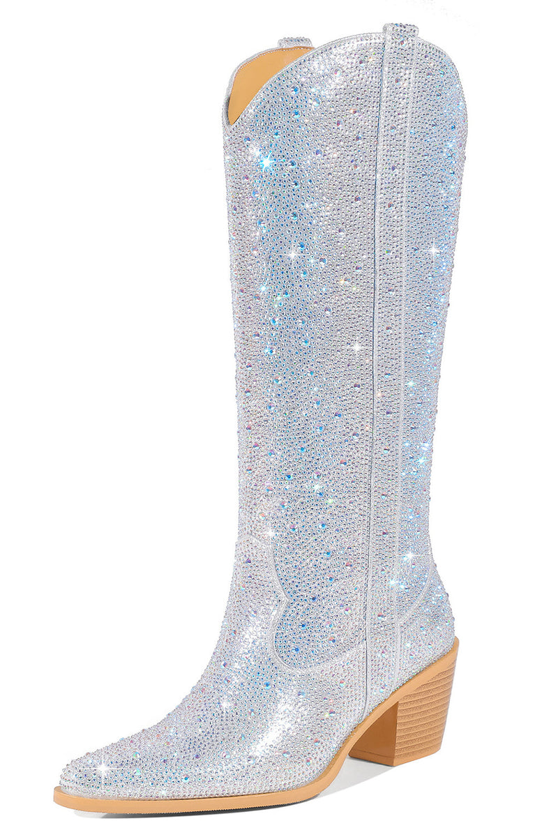 Load image into Gallery viewer, Silver Knee-High Shiny Pointed Toe Chunky Heel Boots