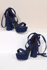 Load image into Gallery viewer, Women&#39;s Black Embroidery Strappy Chunky Heel Open Toe Sandals Shoes