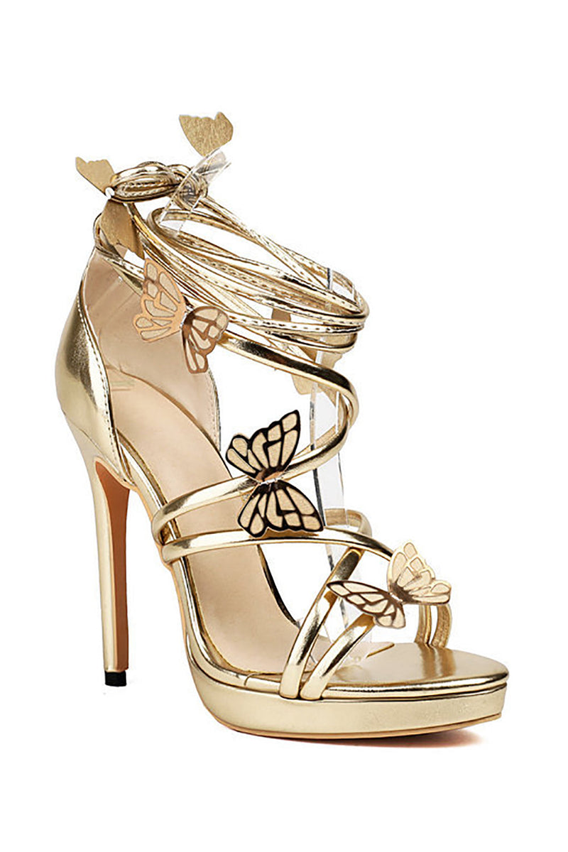 Load image into Gallery viewer, Women&#39;s Golden Metallic Strappy Stilletos Heels Sandals Shoes with Butterfly