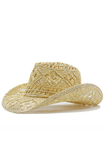 Apricot Knitting Western Cowboy Hat Straw Hat Hollow Out Sunhat