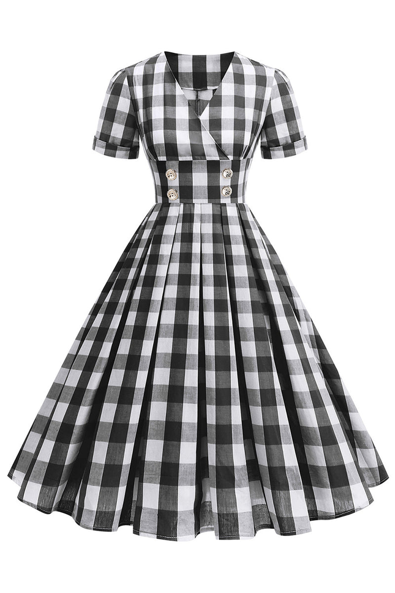 Load image into Gallery viewer, Black V Neck Plaid Vintage 1950s Dress