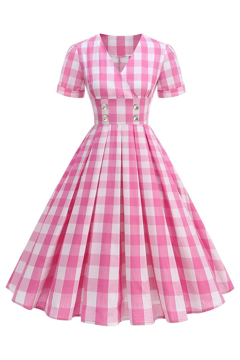 Load image into Gallery viewer, Black V Neck Plaid Vintage 1950s Dress