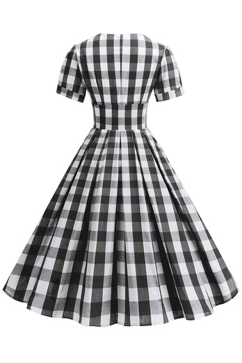 Black V Neck Plaid Vintage 1950s Dress