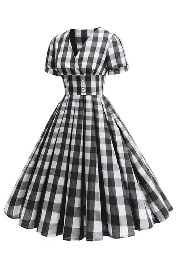 Black V Neck Plaid Vintage 1950s Dress