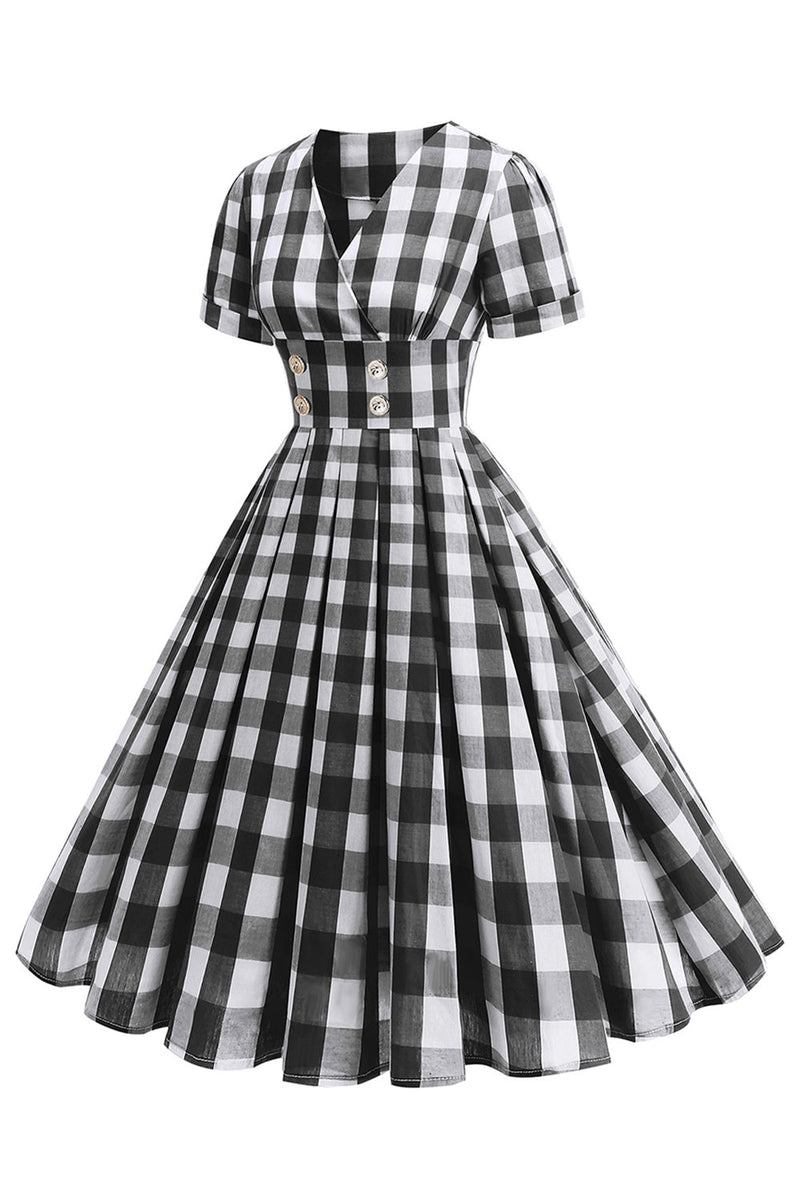 Load image into Gallery viewer, Black V Neck Plaid Vintage 1950s Dress