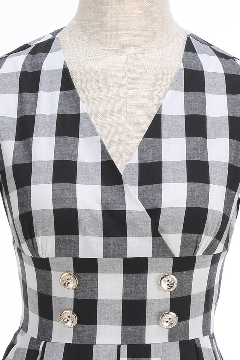 Load image into Gallery viewer, Black V Neck Plaid Vintage 1950s Dress