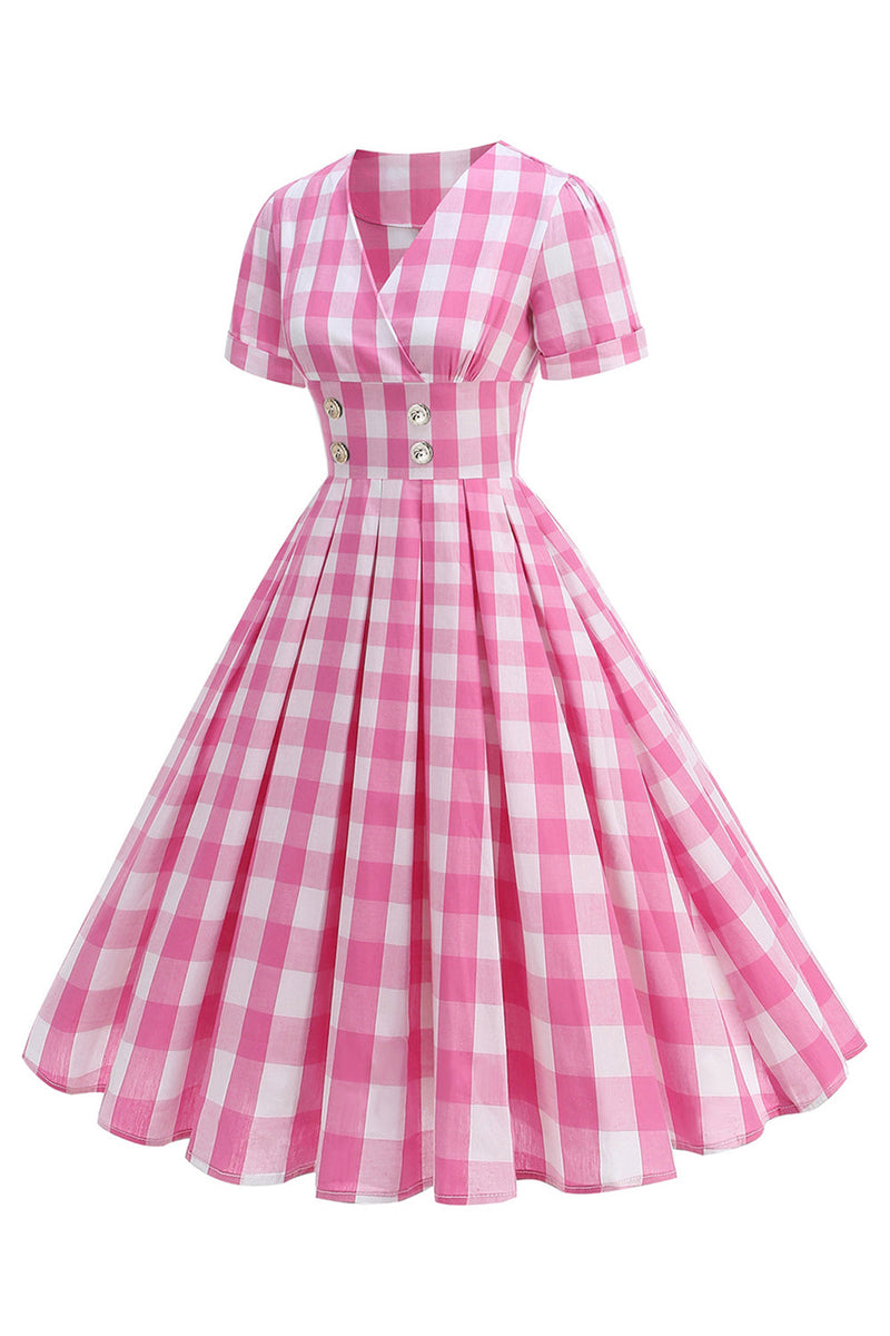 Load image into Gallery viewer, Black V Neck Plaid Vintage 1950s Dress