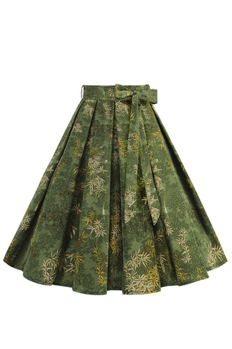 1950s Army Green Floral Pleated Swing Skirt