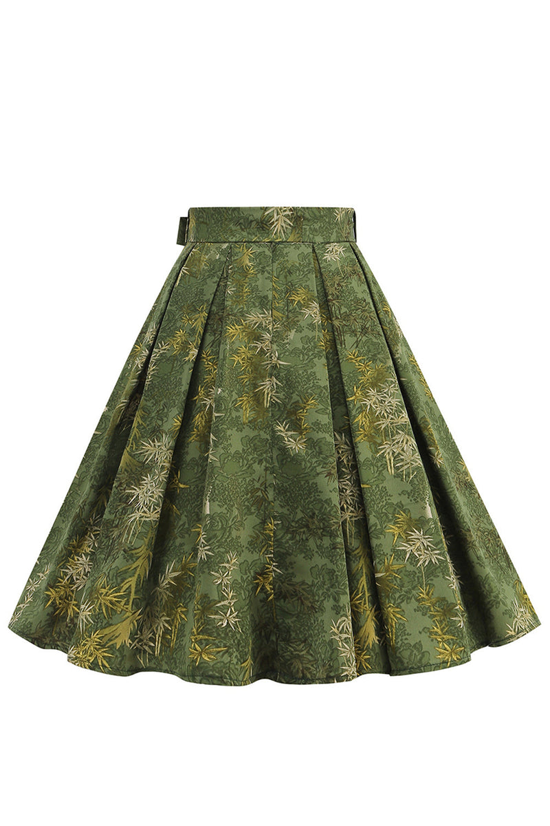 Load image into Gallery viewer, 1950s Army Green Floral Pleated Swing Skirt