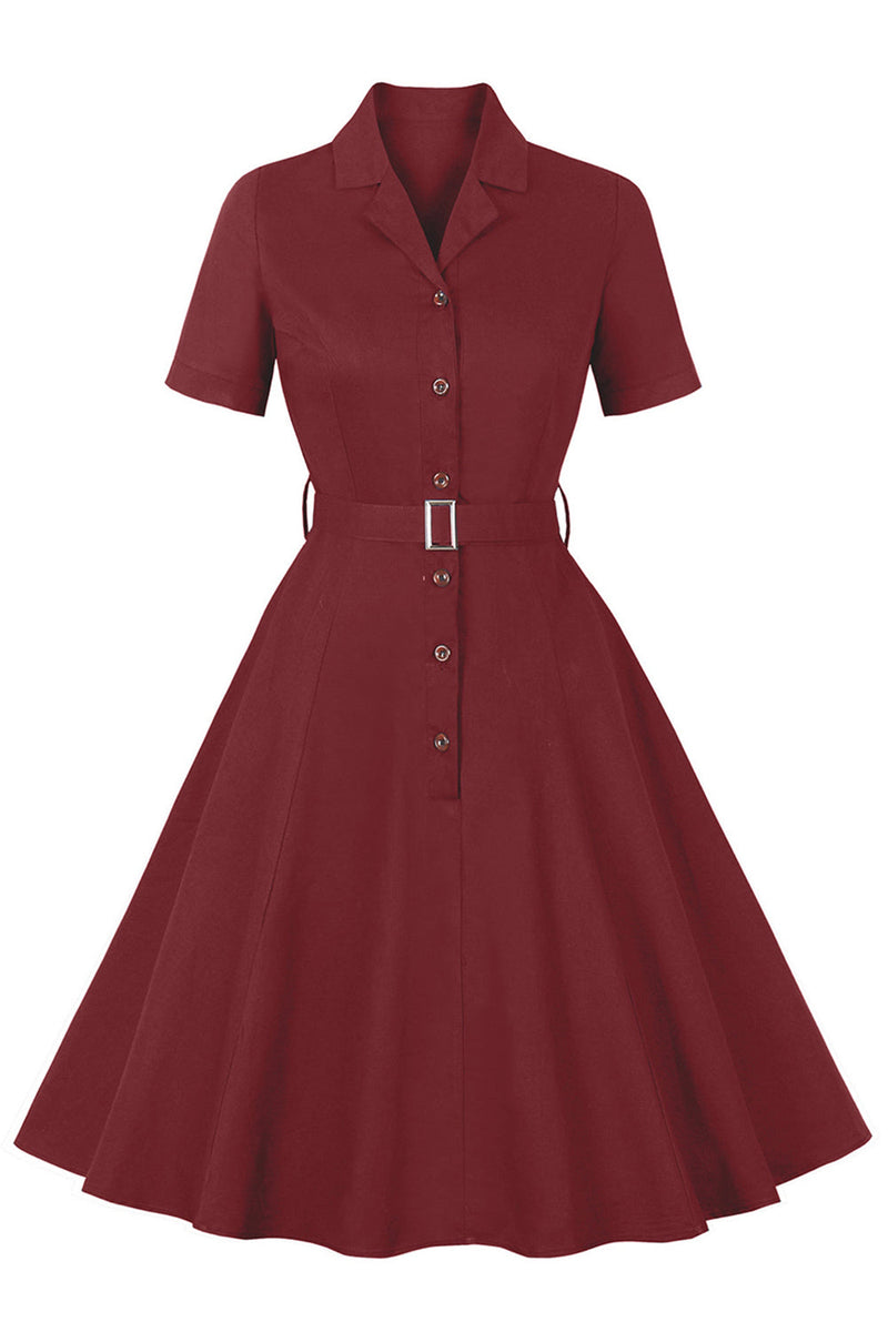 Load image into Gallery viewer, Simple Burgundy Lapel Neck Vintage 1950s Dress