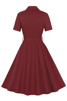 Simple Burgundy Lapel Neck Vintage 1950s Dress