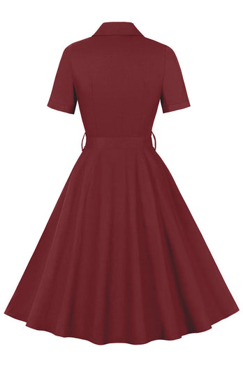 Simple Burgundy Lapel Neck Vintage 1950s Dress