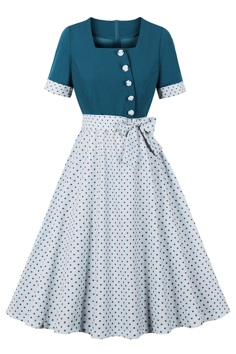 Load image into Gallery viewer, Blue White Polka Dots Square Neck Vintage 1950s Dress