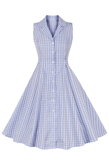 Blue Plaid Lapel Neck Sleeveless Vintage 1950s Dress