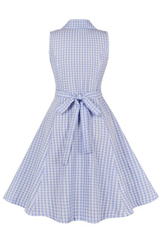 Blue Plaid Lapel Neck Sleeveless Vintage 1950s Dress